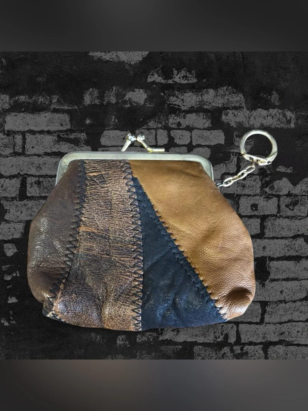 Patchwork Leather Kiss-Lock Coin Purse - Brown & Black